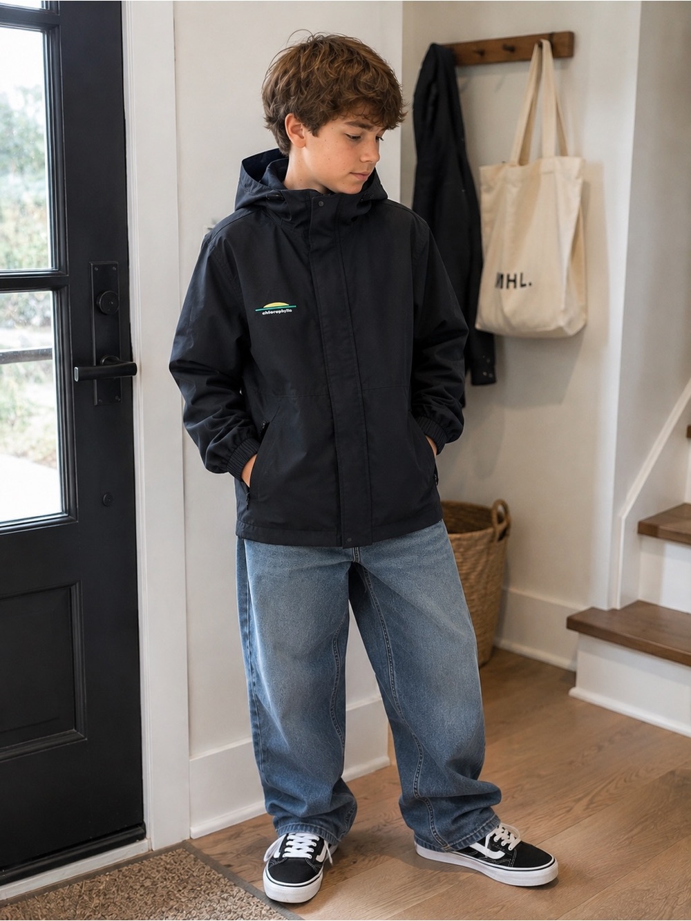 Kids Black Chlorophylle Hooded Rain Jacket